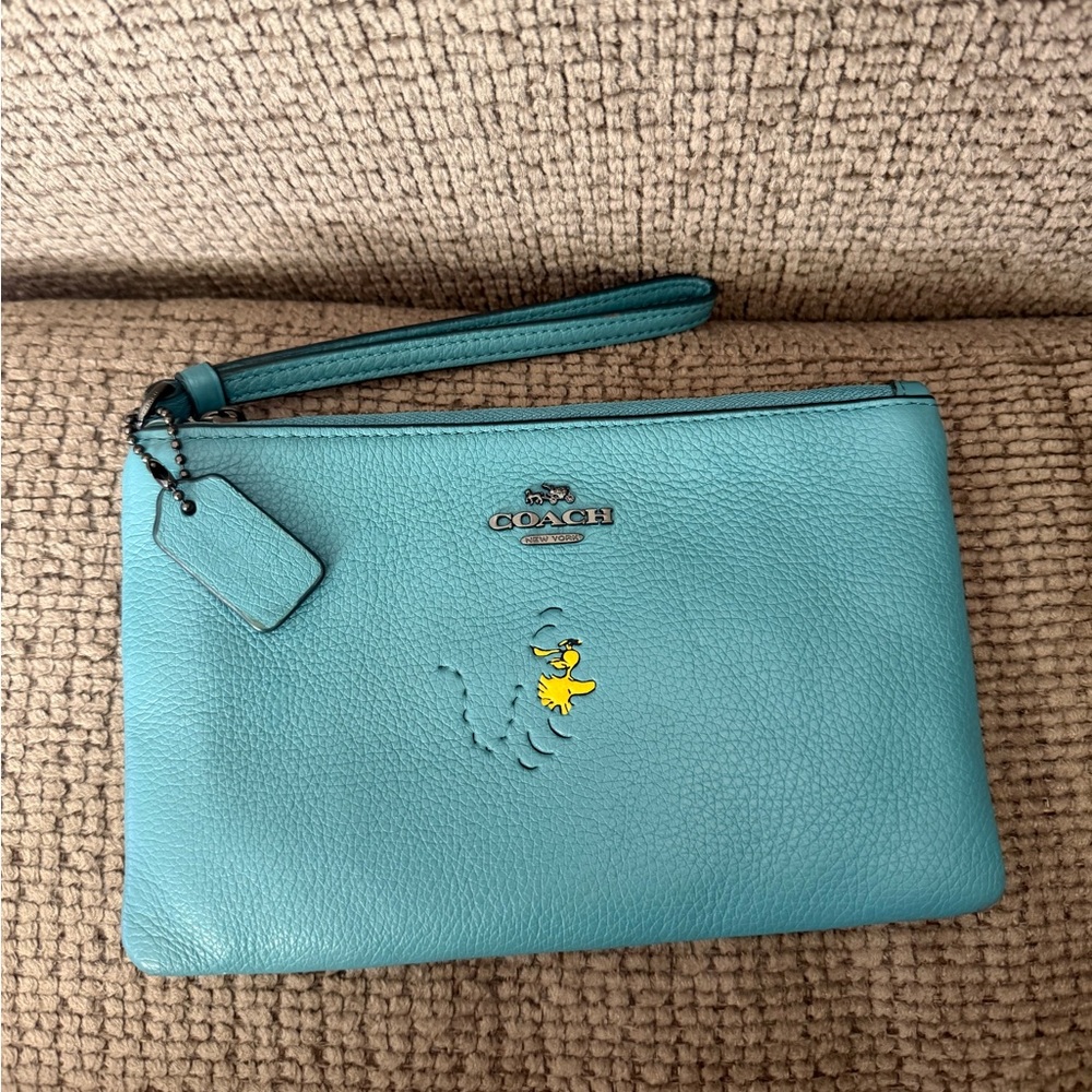 Coach Turquoise Leather Wristlet with Yellow Woodstock Charm